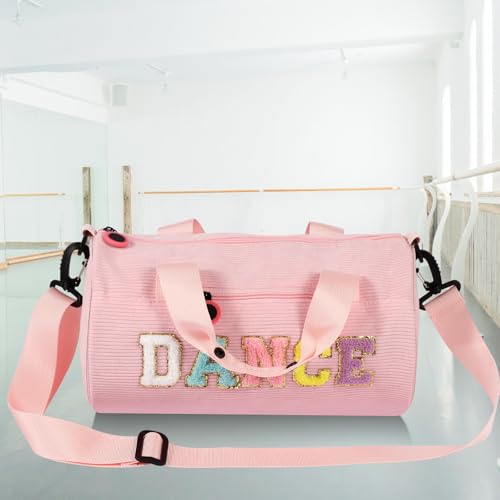 Image of Dance Ballet Bag for Girls Sport Gym Duffle Bags Overnight Travel Bags Fun Dance Corduroy Chenille Letter Bag for Dancers (Pink)