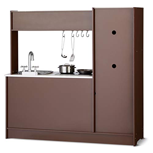 Image of Amazon Basics Kids Upright Wooden Kitchen Toy Playset with Stove, Oven, Sink, Fridge and Accessories, for Toddlers, Preschoolers, Children Age 3+ Years, Espresso /Gray, 39x11.8x39''