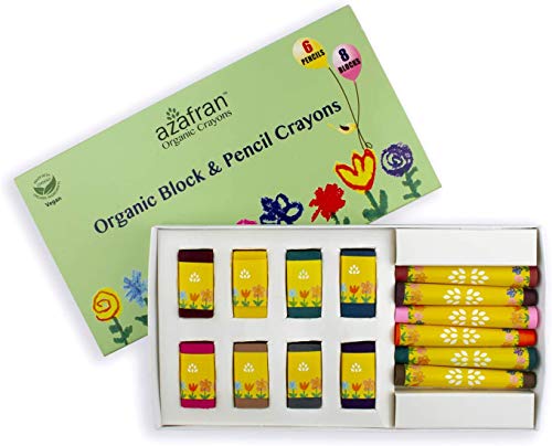 Image of Azafran - Hypoallergenic, Plant-Based, Non-Toxic - Combo Set with 8 Block & 6 Pencil Crayons, Multi-Color - Perfect for Pre-School Drawing