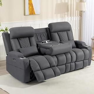 Neptane Zero Wall Hugger Power Reclining Sofa with Adjustable Headrest, Electric Reclining Couch with Drop-Down Table,Outlets, Power Loveseat Recliner Sofa for Living Room (Gray, 3 Seat)