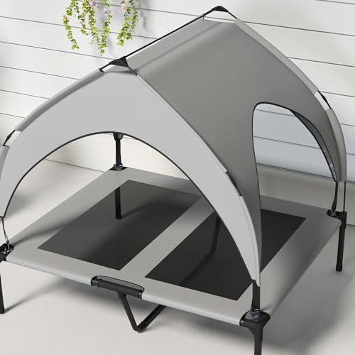 PawHut Erhöhtes Hundebett mit Baldachin, Haustierbett, Outdoor Hundeliege mit Dach, Atmungsaktiv, für große Hunde Hellgrau Oxford 91 x 76 x 89 cm