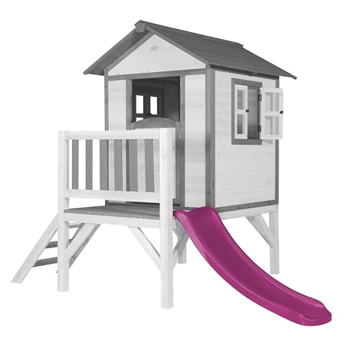 AXI Beach Lodge XL Casetta bianca con scivolo viola | Casa per bambini su palafitte con veranda in legno FSC | Parco giochi per il giardino
