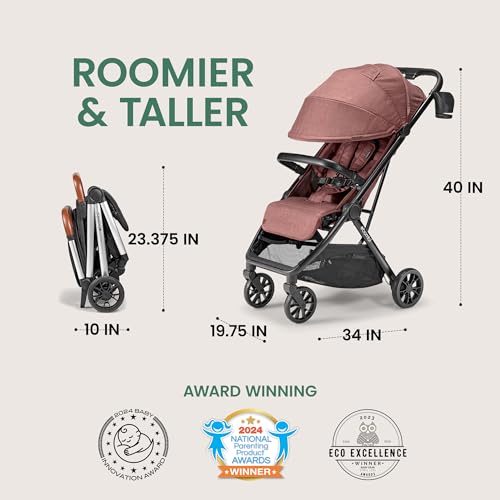 Image of Bombi Bēbee V2 Lightweight Baby Stroller - Premium Vegan Leather, One-Hand Fold, Infinite Recline, Aircraft-Grade Aluminum Frame, XXL Canopy, and Ample Storage Umbrella Stroller - Desert Berry