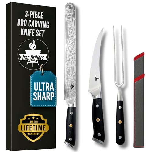 Professional Carving Knife Set for Meat – 12' Brisket Slicing Knife, 6' Boning Knife & Carving Fork for BBQ – Razor-Sharp German Steel, Full Tang Ergonomic Handles + 2 Protective Sheaths