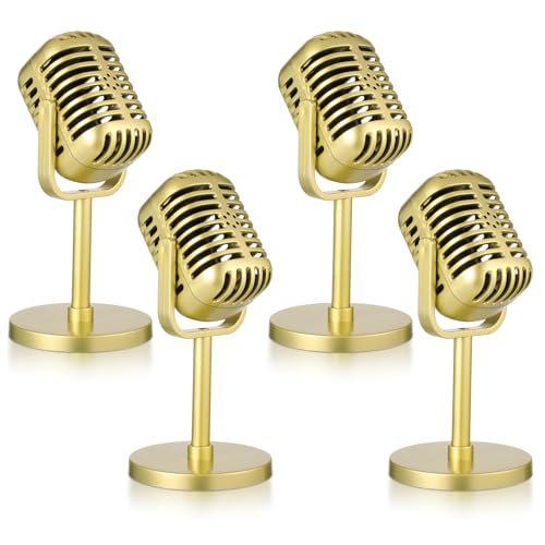 JJUNW 4 Pcs Retro Microphone Props Model, Fake Microphone, Plastic Pretend Mic for Podcast Event, Rock and Roll, Hip Hop Music, Movie Theater, Vintage Notorious Birthday Jazz Party Decorations(Gold)