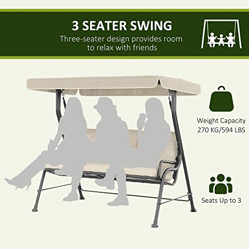Outsunny 3-Seat Patio Swing Chair, Outdoor Swing Glider With Adjustable Canopy, Removable Thicken Cushion, And Weather Resistant Steel Frame, For Garden, Poolside, Backyard, Cream White #TOP5