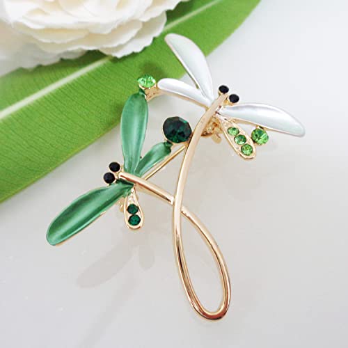 Image of Navachi 18k Gold Plated Multicolor Enamel White Crystal Double Dragonfly Wings Brooch Pins