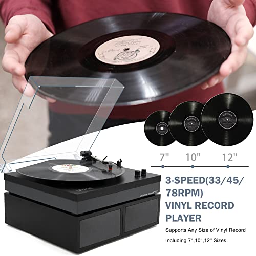 Vinyl Record Player with Stereo Bookshelf Speakers, 3-Speed Belt-Drive Turntable, Modern Vinyl LP Player with Wireless Playback, Auto Stop, RCA Output | Black Leather - Thumbnail 3