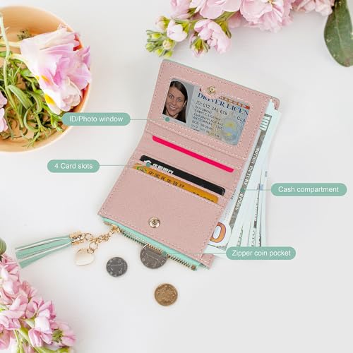 Image of KOTORA Womens Small Wallet Girls Tiny Slim Wallets Pretty Mini Card Holder Thin Short Zip Coin Purse with Love Pendant and Tassels (Green)