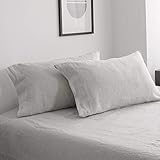 Simple&Opulence 100% Stone Washed Linen Embroidered Thread Solid 2 Pillowcase (Standard, Grey)