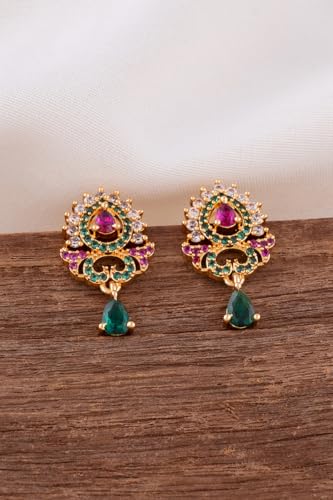 Image of Radha's Creations brass Ruby Emerald stud earrings one gram gold for women and girls one gram gold