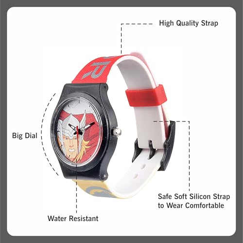 Image of Marvel Thor Kids Analog Watch - Red Dial with Multicolour Strap | Avenger Super Hero Round Analogue Wrist Watch | Cool Birthday Gift for Boys | Analog Styles, Durable, Adjustable Strap, Vibrant Superhero Design