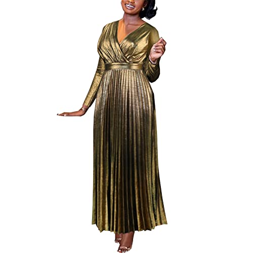 AOMEI Women's Luxury Metallic V Neck Low Back Long Sleeve Elegant Pleated Maxi Dress