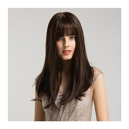 Perruque longue droite brune frange synthétique résistante chaleur contre cheveux fatigués