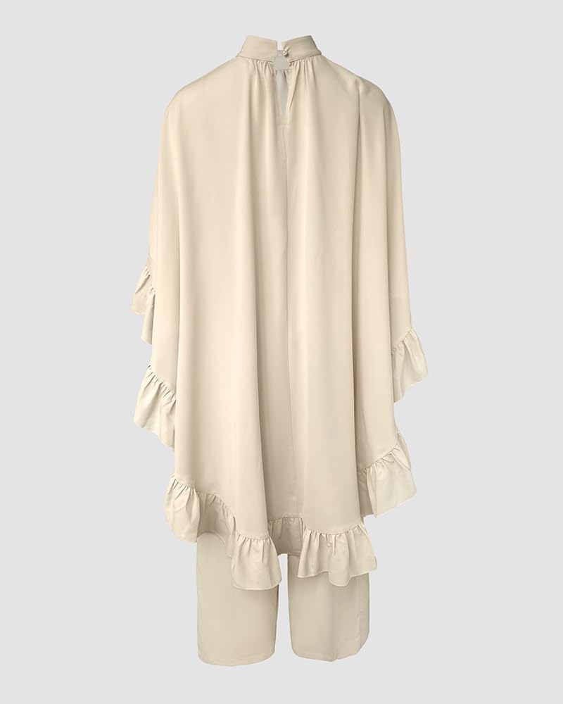 CHICME 2 Pieces Outfits for Women High-Low Ruffles Hem Cape Top and Casual Wide Leg Pants Travel Matching Sets - Image 5