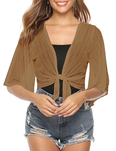 Image of iClosam Women Tie Front Chiffon Shrug Short Sleeve Cropped Sheer Bolero Shrug Cardigan