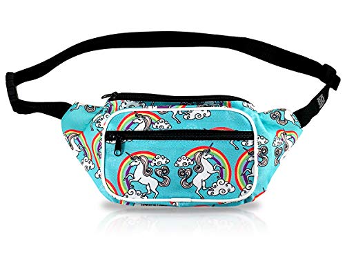 Fanny Pack, Rainbow Unicorn Design, Blue Waist Bag, For Women Men Kids (Unicorn Blue)