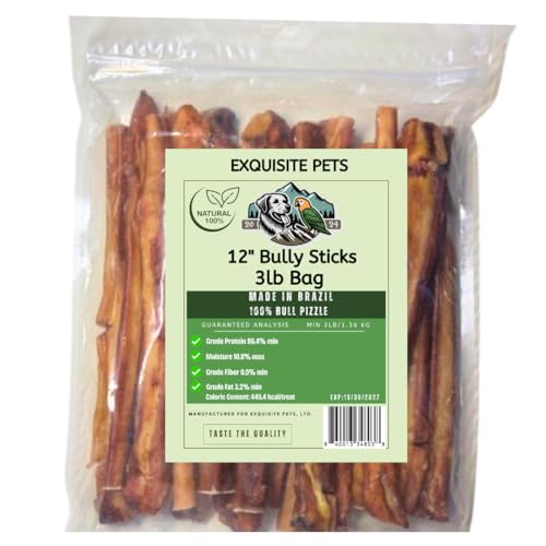 EXQUISITE PETS, LTD. 12" Bully Sticks 3lb-Bag Bulk 100% Brazilian Bull Pizzle Thick Odorless Long Lasting No Grains or Rawhide Helps Relive Pet Boredom All-Natural Dog Treats Aggressive Chewers