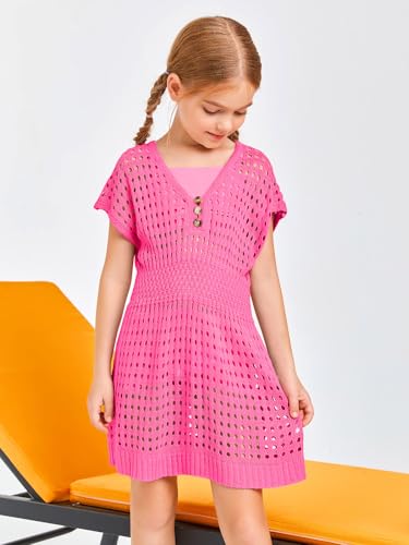 Image of Haloumoning Girls Crochet Swim Beach Cover Up Kids Fashion Button Short Sleeve Swimsuits Cover Ups 5-14 Years