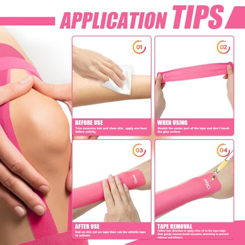 Image of CKeep 4 Rolls Kinesiology Tape, Original Cotton Elastic Athletic Tape, 20 Precut 10 inch Strips Each, Pink, Ideal for Muscle Support & Injury Prevention