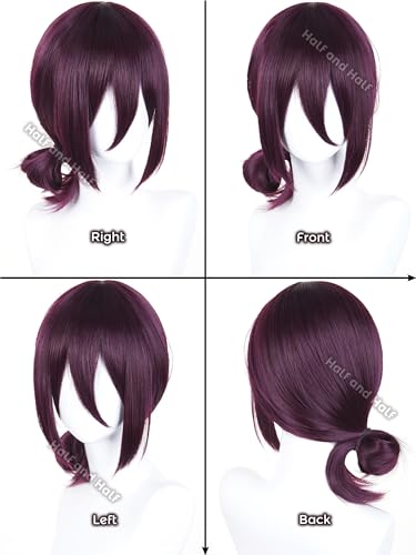 Image of Reze Cosplay Wig Short Dark Purple Anime Cosplay Wigs with Bangs & Bun | Deep Grape Purple Female Wig Synthetic Hair for Halloween Party Women Costumes