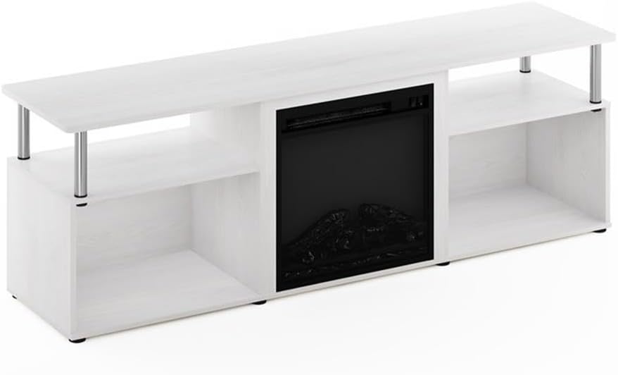 Pemberly Row Open Storage Fireplace Entertainment White Oak/Stainless Steel