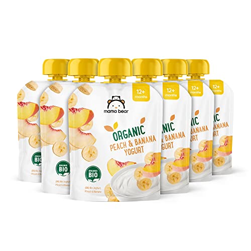 Marca Amazon - Mama Bear Yogur ecológico con puré de melocotón y plátano ecológicos, vegetariano, 90g, Paquete de 6