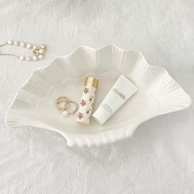 Seashell Ceramic Decorative Bowl Shell Jewelry Dish Tray, Shell Trinket Dish Ring Dish Jewelry Holder, Key Bowl Catch All Bowl for Beach Coastal Room Decor Beachy Party Wedding Shell Decor(White)