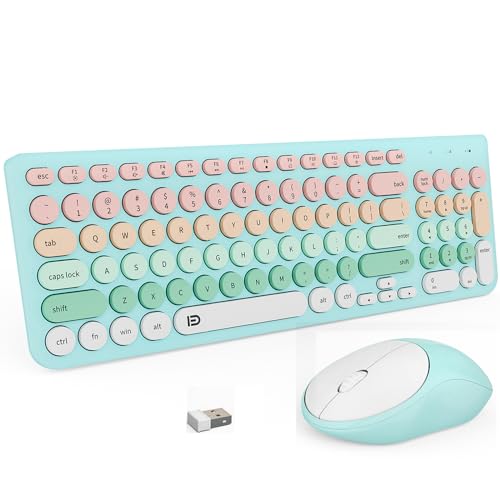 Image of FD Wireless Keyboards and Mouse Combo - 2.4GHz USB Cordless, Cute Wireless Keyboard Round Keys, Quiet and Slim Set for Laptop, Computer, TV and Mac - Blue Pale Green Colorful