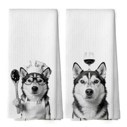 XPH Funny Siberian Husky Hand Towels, Siberian Husky Gifts for Women Men, Dog Mom Dad Lover Gifts Hand Towels for Bathroom Decorations, Funny Dog Home Bathroom Decor 16x24inch Set of 2