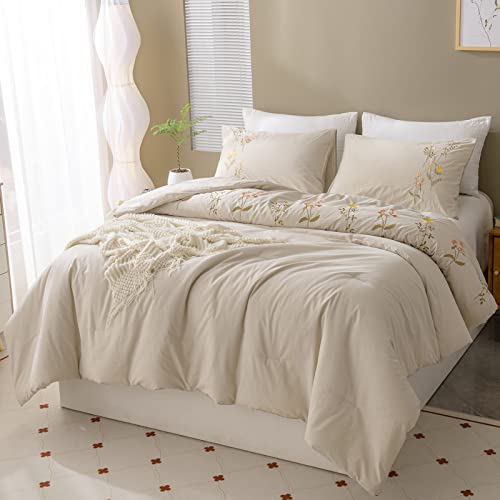 Move Over Cream Comforter Set Cotton Queen Size Comforter Set Yellow Flower Embroidered Design Bedding Set Country Style Spring Flower Comforter Set 3 Pieces (Queen, Beige Gray) #TOP3
