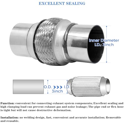 Image of Exhaust Flex Pipe 3 inchx4 inch Universal Heavy Duty Stainless Steel 8 inch OL | RK7549, Replacement, RP Remarkable Power