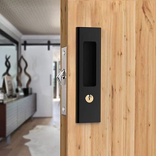 CCJH Privacy Pocket Door Lock Hardware with Key, Pocket Door Lock Handle Invisible Wooden Barn Door Latch, Interior Privacy Furniture Hardware Matte Black 1 Pack