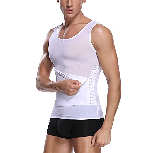 Joweechy Men Slimming Body Shaper Compression Vest Posture Corrector Tummy Control Shapewear Undershirt Tank Top with Waist Trainer Belt White,XXL