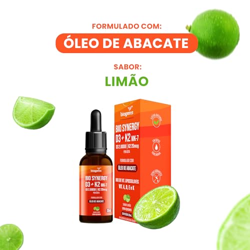 Bio Synergy, D3 2000ui + K2 Mk7 20mcg, vitamina A, D E e K, Sublingual, Sabor Limão, 20mL, Biogens