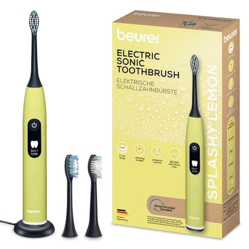 Beurer SC 50 Brosse à dents électrique sonique avec 5 modes de brossage et capteur de pression, 80 000 oscillations, écran avec indicateur de temps de brossage, 2 brossettes, boîtier 100% recyclé