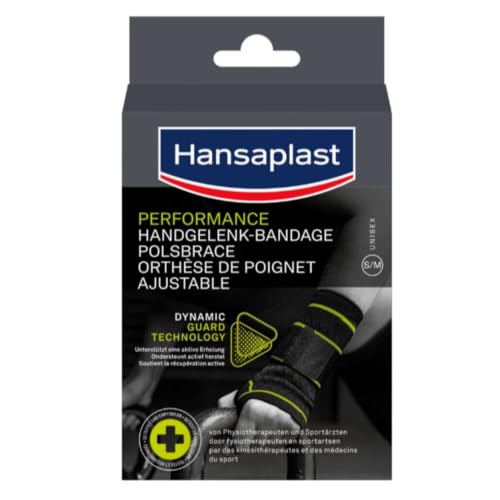 Hansaplast Performance Handgelenk-Bandage, Handgelenkstütze stabilisiert & entlastet das Gelenk, Handgelenkschoner für rechtes & linkes Handgelenk unterstützt die aktive Erholung, Größe S/M