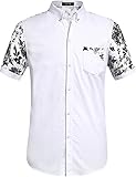 SSLR Men's Flowered Regular Fit Short Sleeve Button Down Shirts (Medium, White Black)