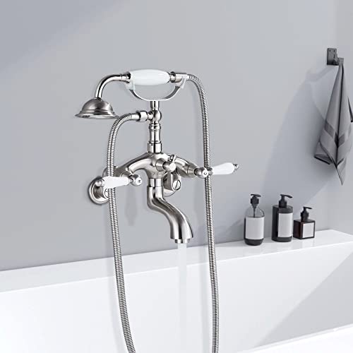 Ackwave 𝗖𝗹𝗮𝘄𝗳𝗼𝗼𝘁 𝗧𝘂𝗯 𝗙𝗮𝘂𝗰𝗲𝘁 Brushed Nickel, Bathtub Faucet With Handheld Shower Sprayer, Wall Mounted Tub Filler Faucet With Vintage Style #TOP1