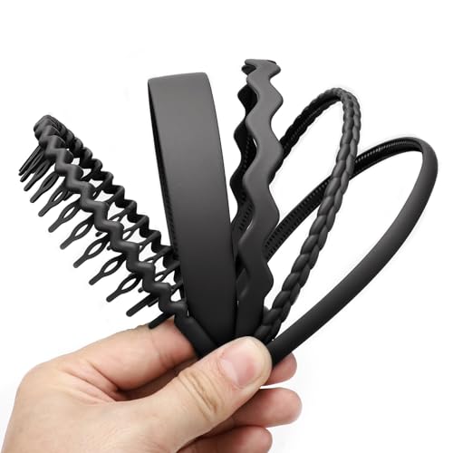 Etercycle 5PCS Plastic Headbands for Women Men, Fashion Non Slip Head Band, Unisex Sports Wide Hair band Hoop Clips Hair Accessories for All-Day Comfort (Black)
