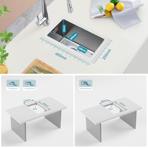 KEOKBON Klein Spüle Nano Silber 25 x 40cm Spülbecken, Kleine Waschbecken Küche ohne Hahnloch, 1 Becken Edelstahl Spüle mit Edelstahl 304 Siebventil und Überlauf, Kitchen Sink