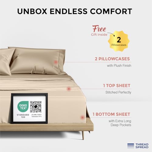 Image of THREAD SPREAD 100% Egyptian Cotton Queen Sheets Set - 1200 Series Plush Collection Luxury Egyptian Cotton Sheets Queen Size Deep Pocket (4 PC, Taupe), Soft, Cooling, Sateen Weave Sheet Set