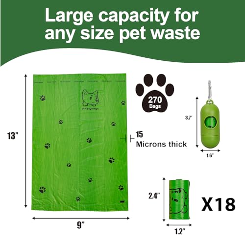 Image of Dog Poop Bags With Dispenser, Strong and Leak-proof Waste Bags for Pets, Floral Scented, 270 Count (18 Packs of 15), 13 Inch x 9 Inch (Green)