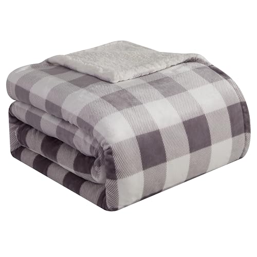 Elegant Comfort Ultra Soft Reversible Buffalo Plaid Flannel Sherpa Blanket - Cozy Silky Checkered Fleece Throw for Couch, Bed - Plush Fuzzy Warm Winter Blanket for Gift, Queen, Gray