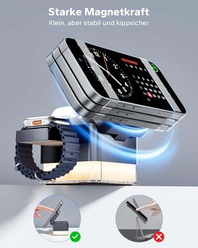 KPON Ladestation Apple Watch und Iphone für Magsafe, 3-in-1 Cube Induktive Ladestation mit Magsafe Ladegerät, Kompatibel mit iPhone 17 16 15 14 13 12 Air/Pro Max,für Apple Watch 11/10/9,Airpods (Grau)