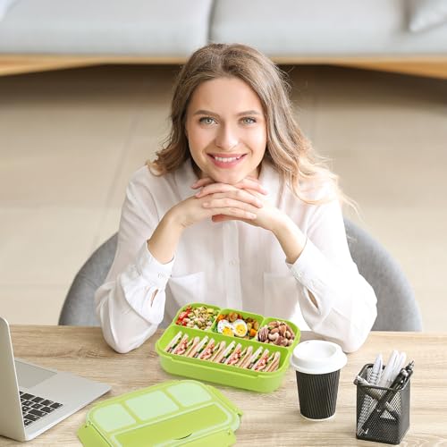 Image of shell and turtle Bento Box Adult Lunch Box, Lunch Containers for Kids Girls Boys with 4 Compartments, Lunchable Food Container with Utensils, Sauce Jar, Muffin Liners, 40 Oz /5 Cup, Bright Green