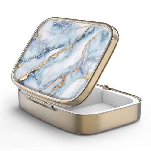 Image of Pill Case Pill Box with Mirror Retro 2 Compartment Small Pill Case for Purse or Pocket Bronze Rectangular Pill Box or Vitamins, Fish Oil, Supplements, Pill Containe Travel Gifts(White Blue Marble)