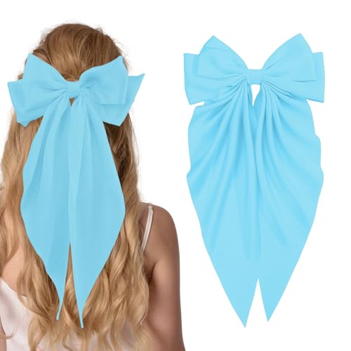 Large Satin Bow Barrettes Clips, Light Blue Bow Hair Clips for Women, Long Ribbon Hair Accessories Gifts for Girls (Light Blue)