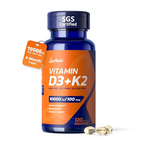 LincNutri Vitamin D3 K2 10,000IU, MK-7 100mcg 120 Softgels for Bone & Vascular Health and Immune Support, K2 D3 Vitamin Supplement Easy to Swallow, Gluten-Free & Non-GMO 4-Month Supply