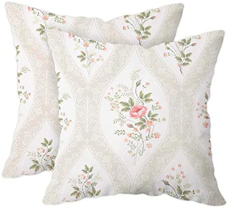 Asuexpect Floral Pillow Covers Shabby Chic Pink Rose Flowers Leaf Throw Pillow Cases Vintage Couch Cushion Cover for Bedroom Living Room, 18" x 18", Set of 2